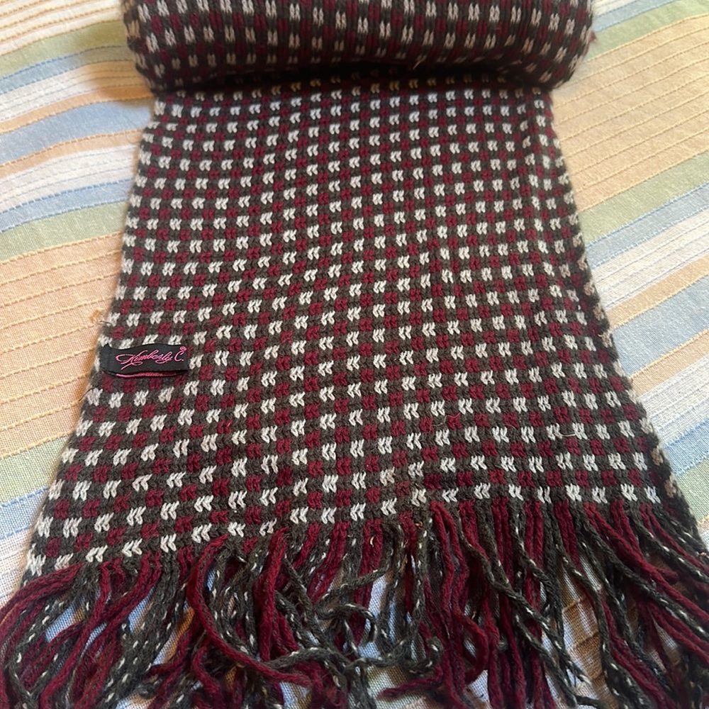 Kimberly C. knit scarf 10”w 60”L silver , green, burgundy checkered pattern